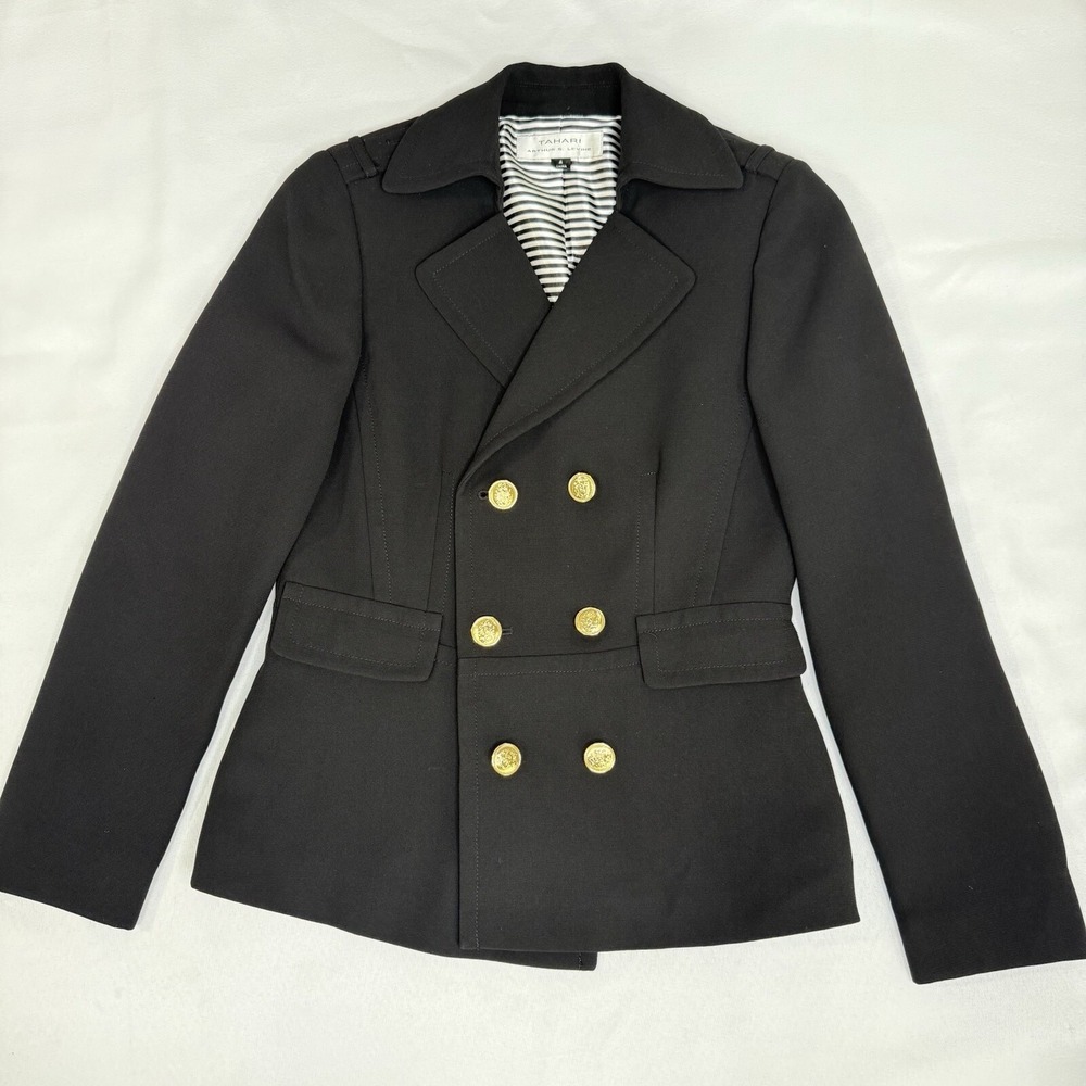 Tahari Arthur Levine Women 4 Double Breasted Blazer Gold Crest Buttons‎ Preppy